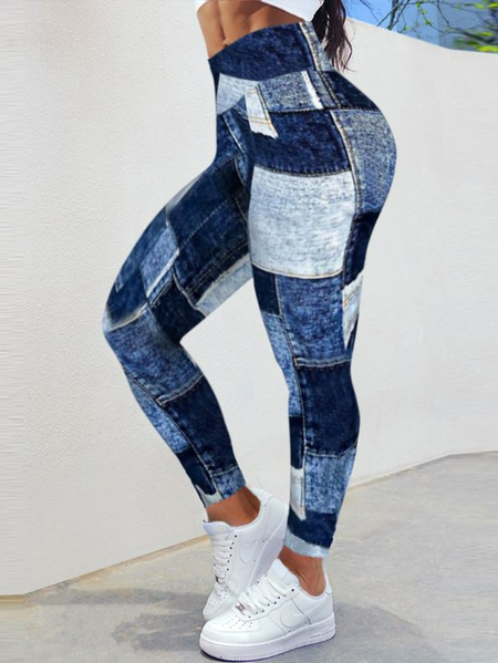 Color Block Casual Tight Legging, Blue, Leggings