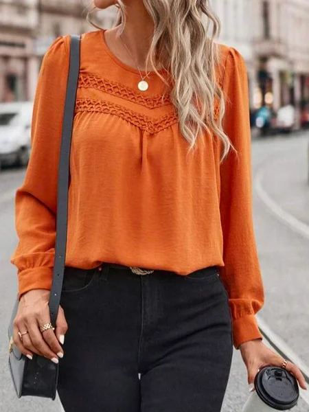 

Cotton Casual Loose Guipure Lace Insert Puff Sleeve Shirt, Orange, Shirts & Blouses