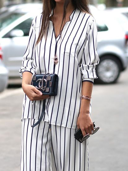 Lightweight V Neck Simple Loose Long sleeve Blouse, Stripe, Blouses and Shirts