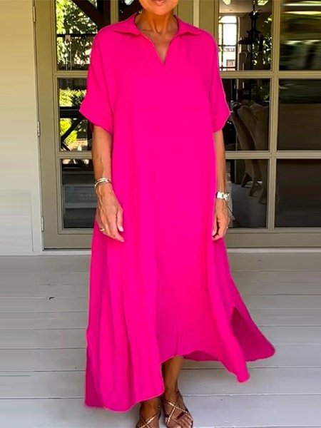 Classy Plain Half Sleeve Loose V Neck Casual Dress, Deep pink, Dresses