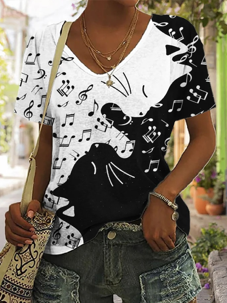 Casual V Neck Loose Cat T-Shirt, White, T-Shirts