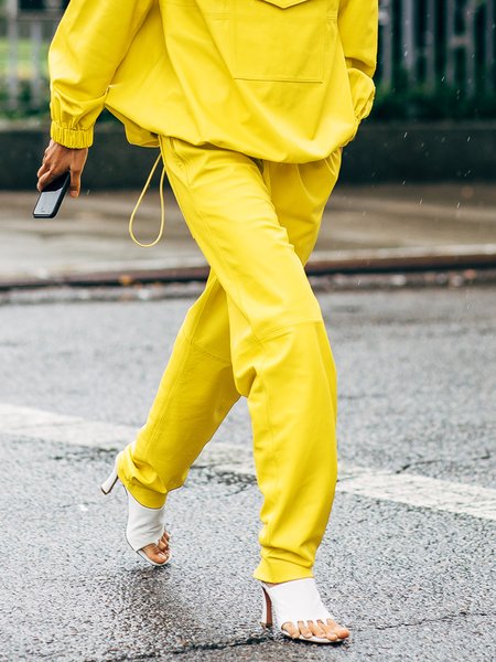 Loose Plain Casual Pocket Stitching Sweatpants, Yellow, Pants