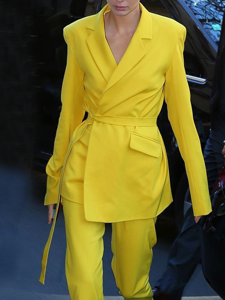 Urban Lapel Collar Long sleeve Plain Loose Blazer, Yellow, Blazers