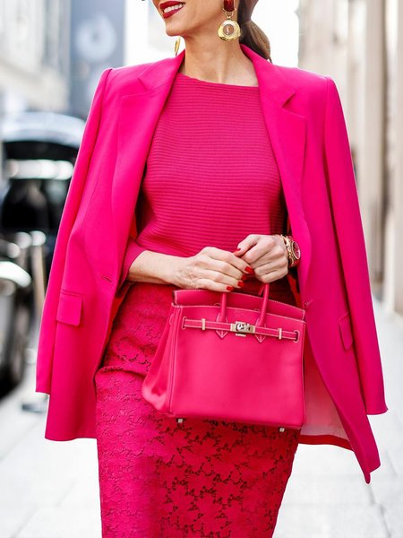 Lapel Collar Plain Urban Regular Fit Blazer, Rose red, Blazers