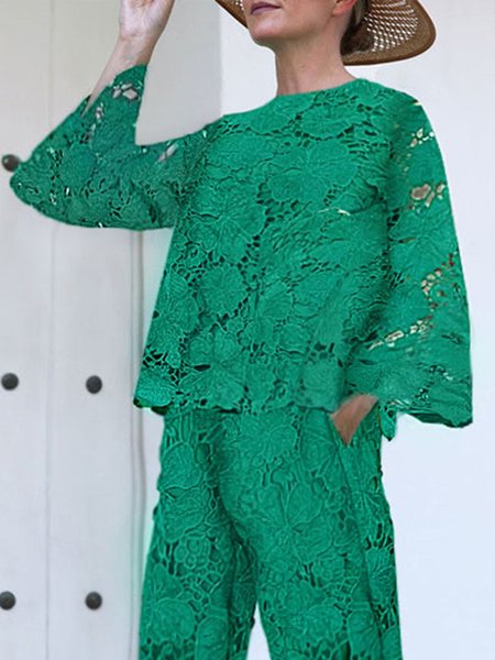 Lace Crew Neck Elegant Plain Shirt, Green, Blouses and Shirts