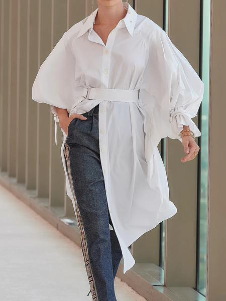 Loose Shirt Collar Long Sleeve Plain Urban Blouse Mid-long With Belt, Off white, Blouses and Shirts
Loose Shirt Collar Long Sleeve Plain Urban Blouse Mid-long With Belt, Off white, Blouses and Shirts