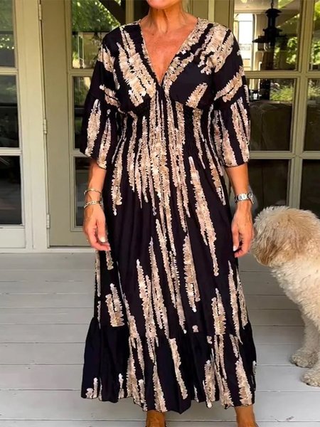 Casual Ruffled Sleeves V Neck Retro 3/4 Sleeve Print Midi Dress, Black, Dresses