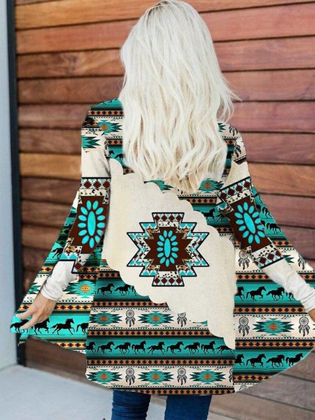 Casual Loose Ethnic Kimono, Green, Cardigans