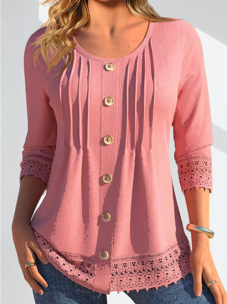 Loose Casual Crew Neck Plain Shirt, Pink, Shirts & Blouses