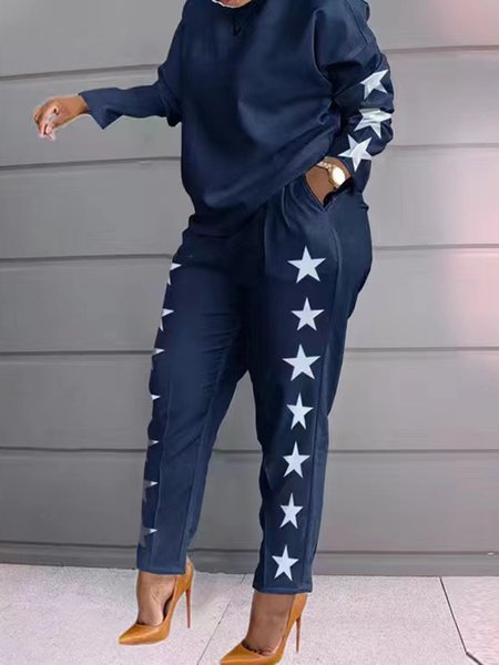 Casual Plaid Crew Neck Two-Piece Set, Blue, Suit Set