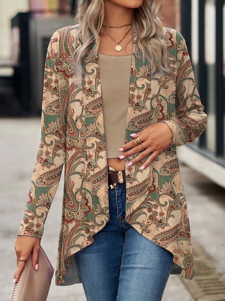 Ethnic Shawl Collar Knitted Kimono, Brown, Cardigans