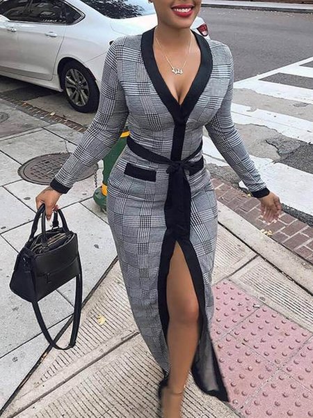 V Neck Tight Plaid Elegant Dress With Belt, Gray, Maxi Dresses
