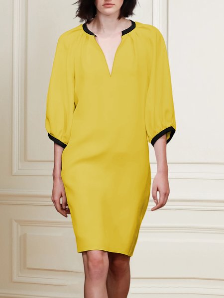 Color Block Elegant V Neck Dress, Yellow, Mini Dresses