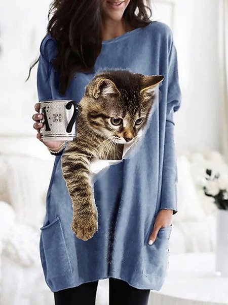 Casual Loose Crew Neck Dress With No, Blue, Dresses