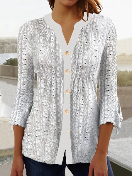 V Neck Plain Loose Casual Blouse, White, Shirts & Blouses