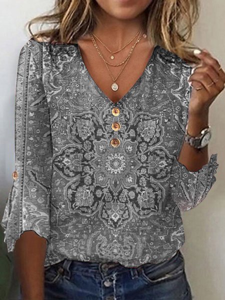 Casual Ethnic Knitted Loose T-Shirt, Gray, T-Shirts