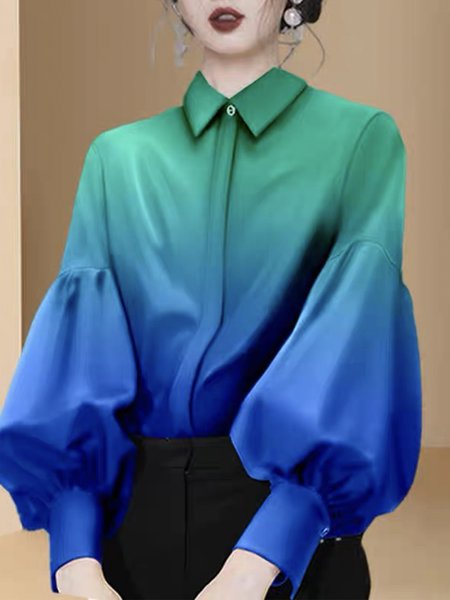 Regular Fit Urban Ombre Shirt Collar Blouse, Cyan, Blouses and Shirts
