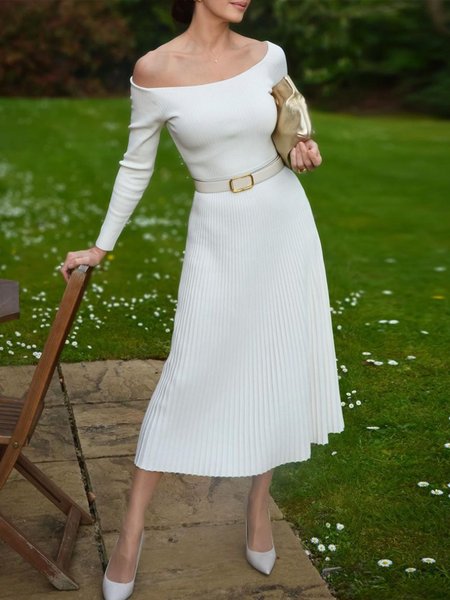 Elegant Pleated Plain Sweater Dress With No Belt, White, Midi Dresses