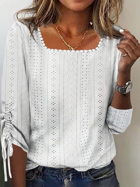 Lace-Up Plain Casual Square Neck Patchwork lace Shirt, White, Tops