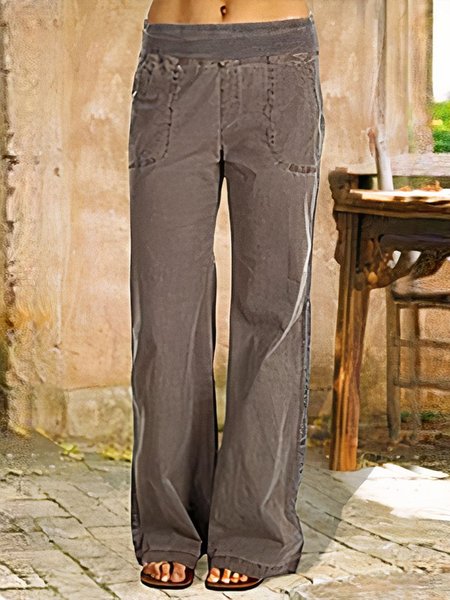 Plain Casual Cotton Pocket Front Elastic Waist Wide Leg Pants, Taupe, Pants