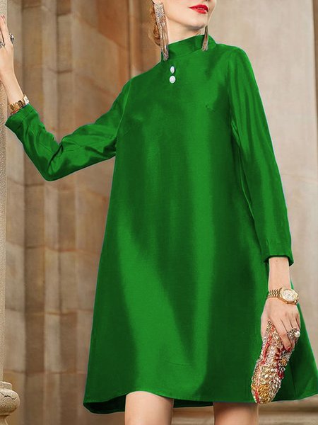 Elegant Stand Collar Loose Plain Long Sleeve Dress, Green, Mini Dresses
