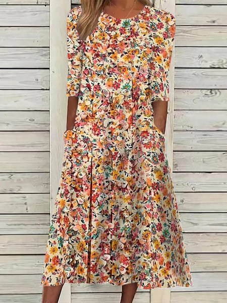 Casual Crew Neck Floral Dress With No Belt, Off white, Dresses