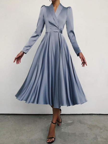 Elegant Regular Fit Shawl Collar Plain Evening Dress, Blue, Midi Dresses