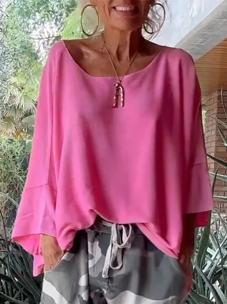 Plain Crew Neck Casual Loose T-Shirt, Rose red, T-Shirts