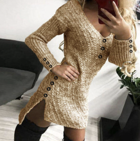 Regular Fit Plain Casual V Neck Sweater Dress With No, Camel, Mini Dresses