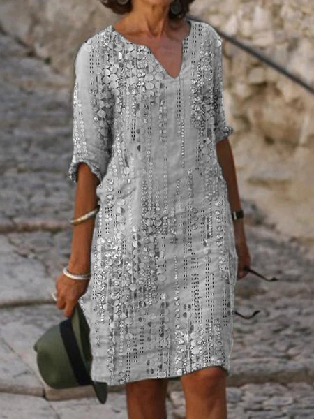 Notched Floral Casual Loose Dress, Gray, Dresses