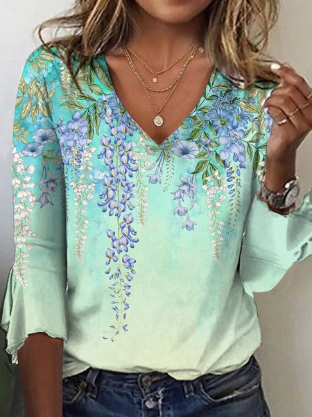 Floral V Neck Casual T-Shirt, Green, T-Shirts