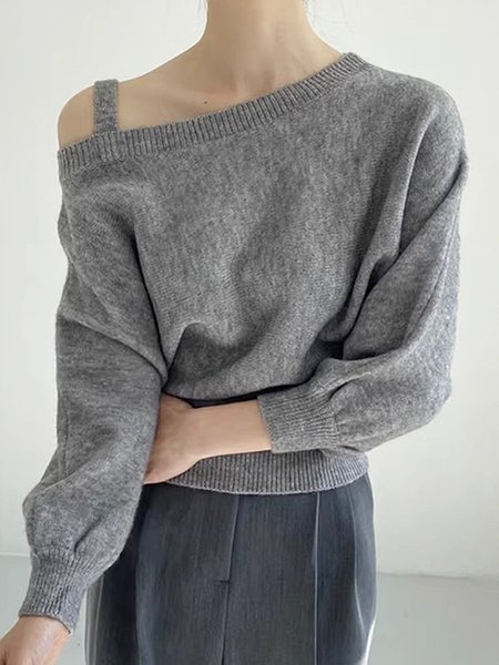 Regular Fit Asymmetrical Urban Plain Sweater, Gray, Pullovers