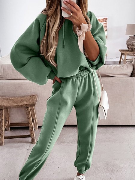 Casual Plain Loose Two-Piece Set, Green, Suit Set