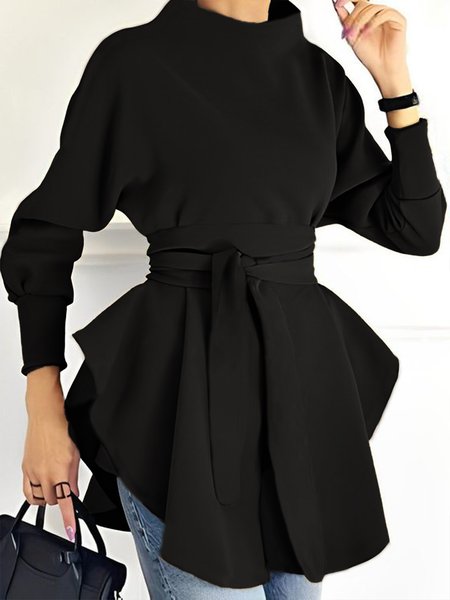 Plain Half Turtleneck Urban Loose Shirt With Belt, Black, Blouses and Shirts