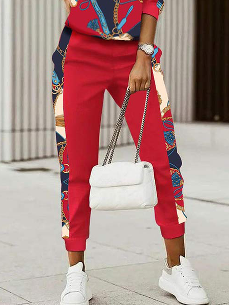 High Elasticity Paisley Loose Casual Long Sweatpants & Joggers, Red, Pants