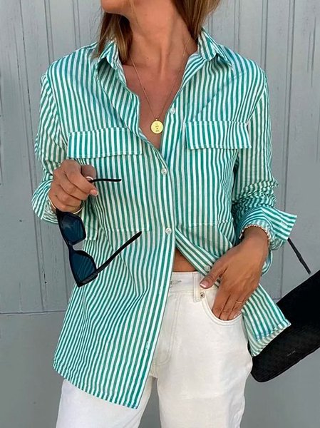 Shirt Collar Striped Loose Casual Blouse, Green, Shirts & Blouses