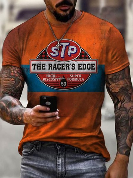 Casual Abstract Crew Neck Short Sleeve T-Shirt, Orange, T-Shirts