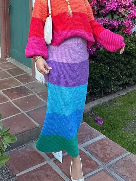Elegant Colorblock Regular Fit Midi Skirt, As picture, Skirts