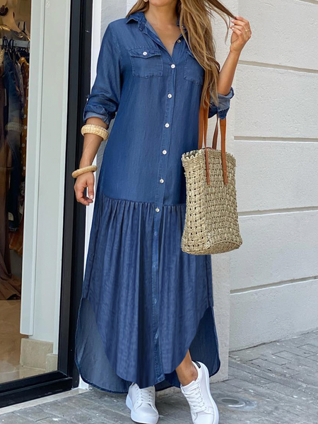 Loose Shirt Collar Long Sleeve Urban Plain faux denim Dress Shirt Dress, Denim blue, Maxi Dresses
Loose Shirt Collar Long Sleeve Urban Plain faux denim Dress Shirt Dress, Denim blue, Maxi Dresses