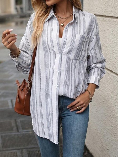 Loose Casual Striped Shirt Collar Blouse, Gray, Shirts & Blouses