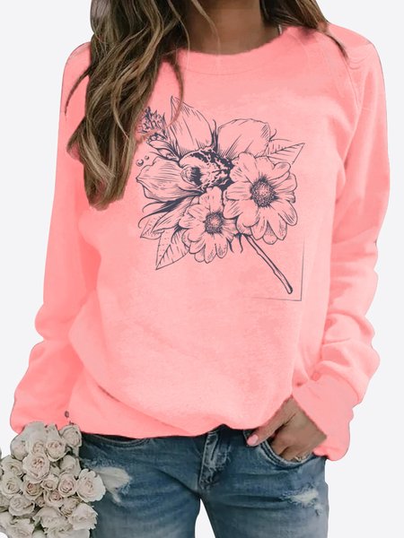 Casual Floral Pattern Long Sleeve Pullover Sweatshirt Versatile Women's Clothing, Pink, Sweatshirts & Hoodies