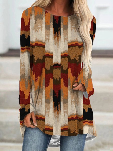 Crew Neck Casual Loose Ombre Shirt, Brown, Shirts & Blouses