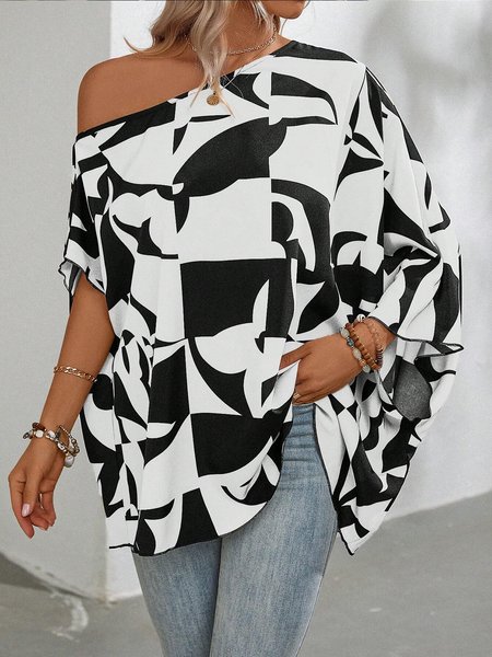 Urban Geometric Asymmetrical Regular Fit Shirt, Black, Blouses and Shirts