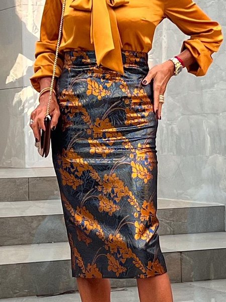 Floral Elegant Regular Fit Midi Skirt, As picture, Skirts