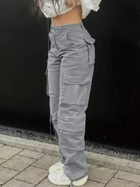 Loose Cotton Casual Plain Cargo Pants, Gray, Pants