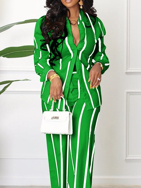 Long Sleeve Striped Shirt Collar Urban Blouse, Green, Blouses and Shirts
