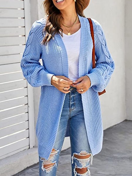 Casual Plain V Neck Cardigan, Sky blue, Sweaters
