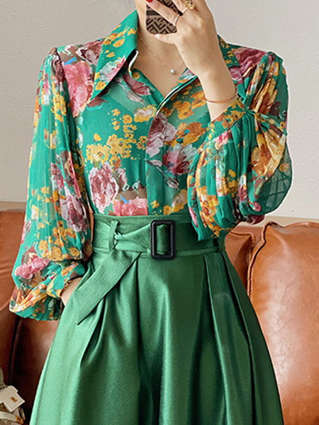 Loose Ultra lightweight Shirt Collar Long Sleeve Floral Elegant Blouse, Green, Blouses and Shirts