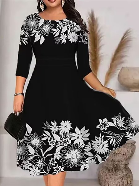 Floral Crew Neck Urban Dress, Black, Dresses