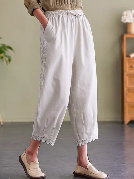 Lace Edge Loose Casual Pants, Apricot, Pants